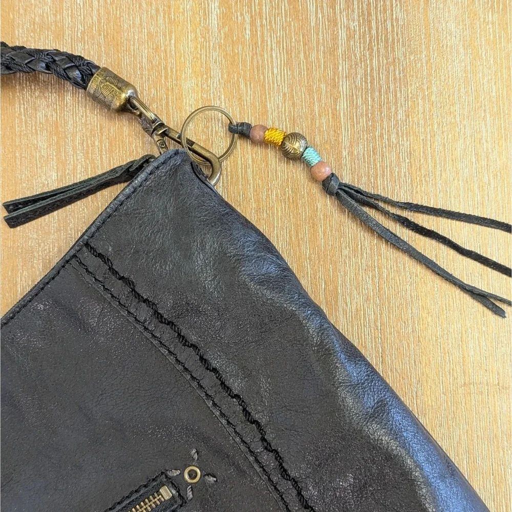 The SAK Indio Black Soft Leather Hobo Braided Shoulder Strap Bag Purse Zip